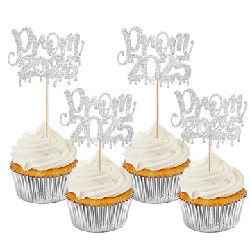 24 PCS Prom 2025 Cupcake Toppers Glitter Graduation Night Party Cupcake Picks Class of 2025 Decorations for 2025 Graduation Prom