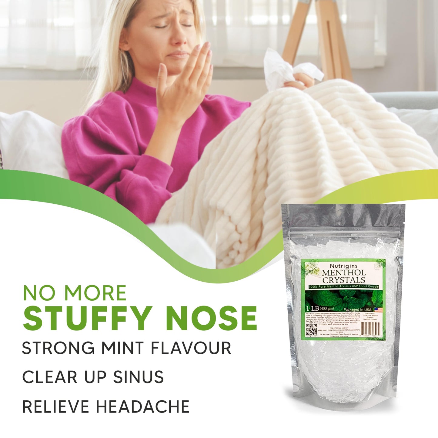 Nutrigins Menthol Crystal 1 Lb - Pure Organic 100% Natural - Menthol Crystals From Mint Crystal Mints Mentha Arvensis - Comes In Resealable Standup Bag For Long-Lasting Freshness