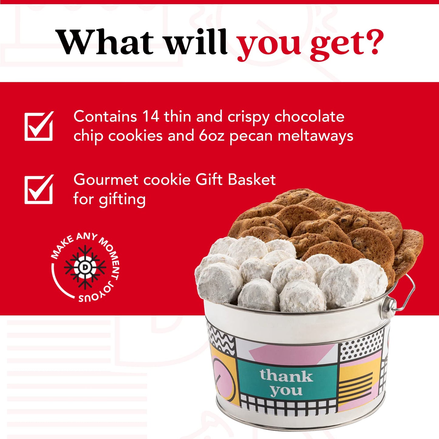 David’s Cookies Assorted Cookies Bucket - Thin Crispy Cookies & Butter Pecan Meltaways - 1.3 Lbs - TY-BPM Gift Basket