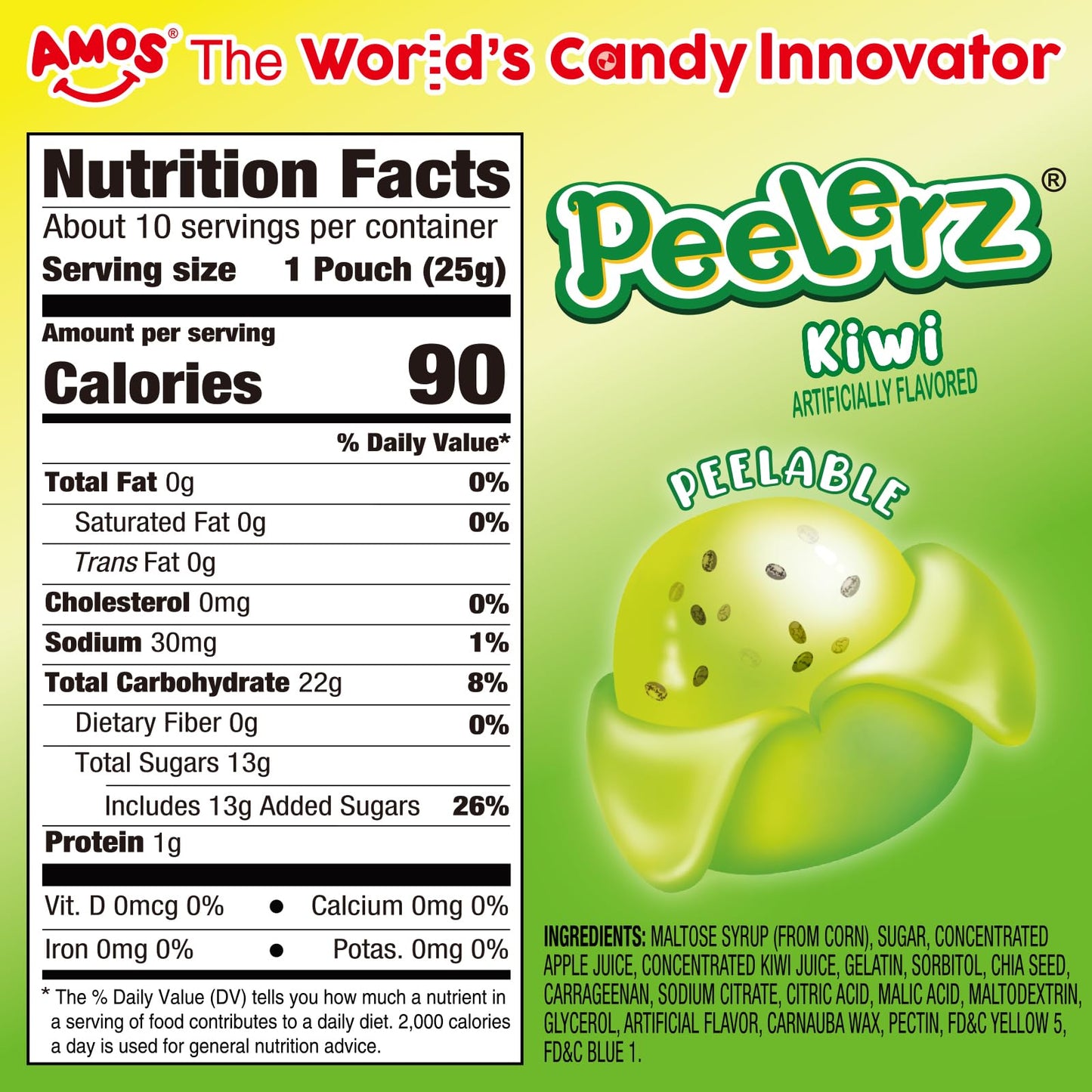 Amos Peelerz Kiwi Gummy Candy, Peelable Fruit-Inspired Candy, 8.47Oz Box With 10 Individual Packs - Playful Kiwi Snack With Chia