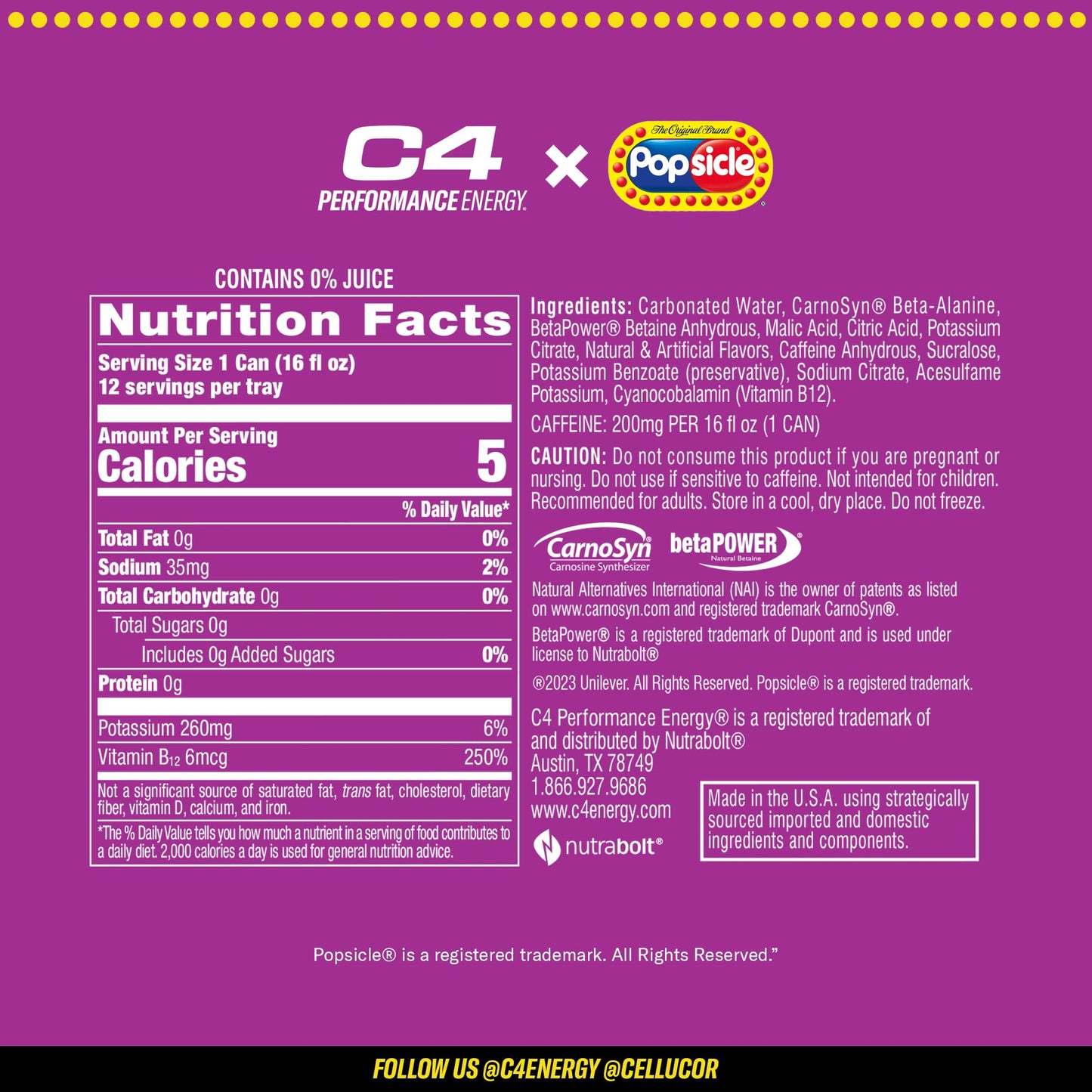 Cellucor C4 Energy Drink, Carbonated Sugar Free, G  Popsicle, 16 Fl Oz, Pack of 12