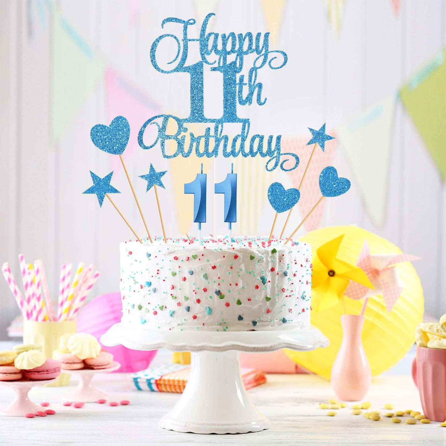 Lecferrarc 11th Birthday Cake Decorations Set, Blue Numeral Candles and Glitter Toppers for Birthday Party Supplies