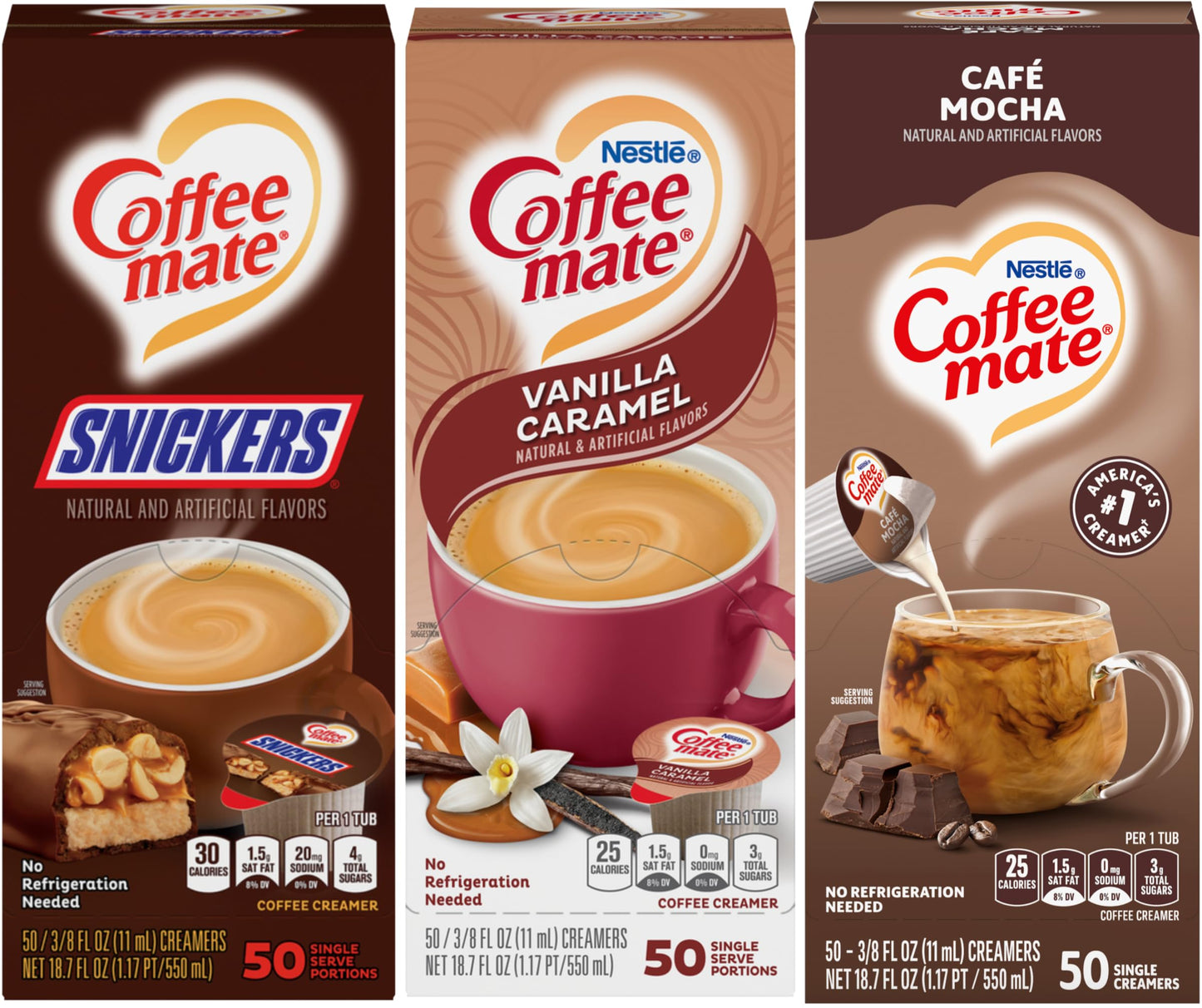 Nestle Coffee mate Liquid Coffee Creamer Singles Variety Pack, Snickers, Vanilla Caramel, Cafe Mocha, 50 Ct Box (Pack of 3)