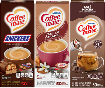 Nestle Coffee mate Liquid Coffee Creamer Singles Variety Pack, Snickers, Vanilla Caramel, Cafe Mocha, 50 Ct Box (Pack of 3)