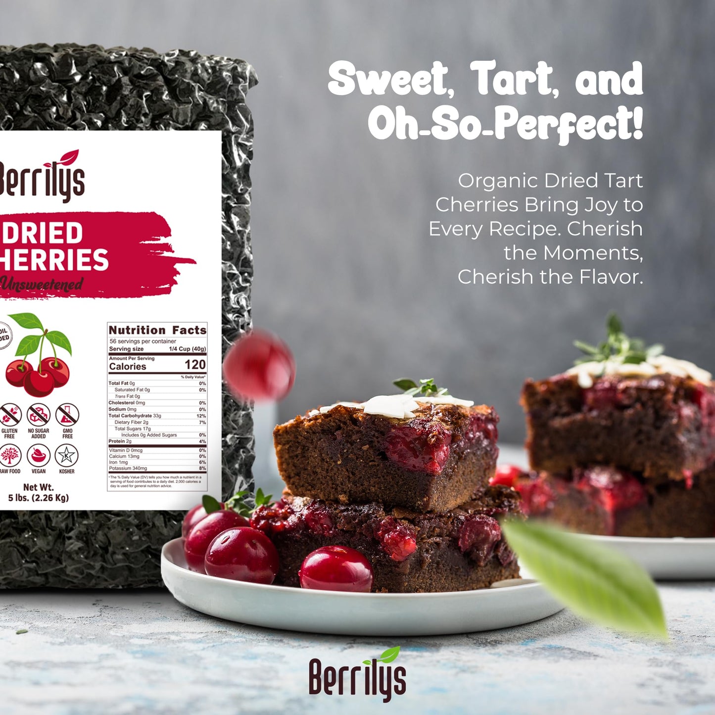 Berrilys Dried Cherries, 5 Lbs, Dark Sweet Cherries, Pitted, Healthy Snacking, Great As A Baking Ingredient, No Added Sugar, Non