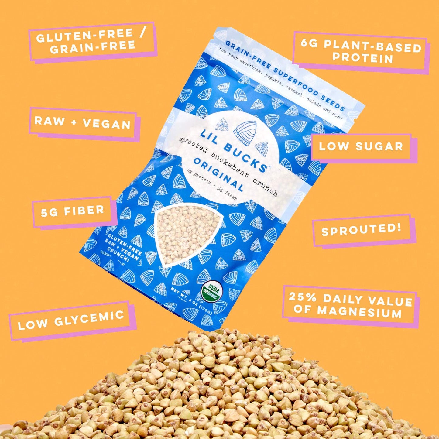 Lil Bucks Buckwheat Seeds - Gluten-Free Granola, High Protein, Low Sugar, Organic, 6 Ounce (Pack of 6)