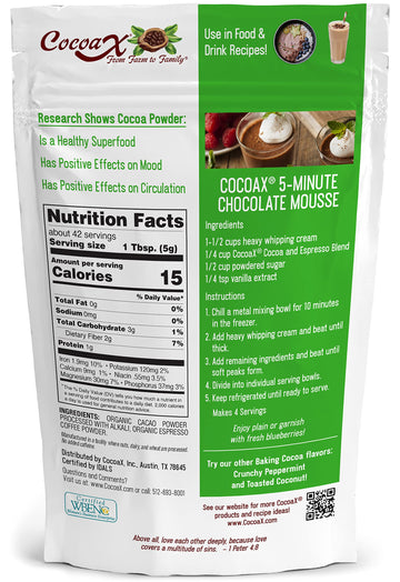 COCOAX Organic Cocoa Powder with Espresso - 8oz Gluten Free, Non-GMO, Unsweetened, Dutch Processed for Baking