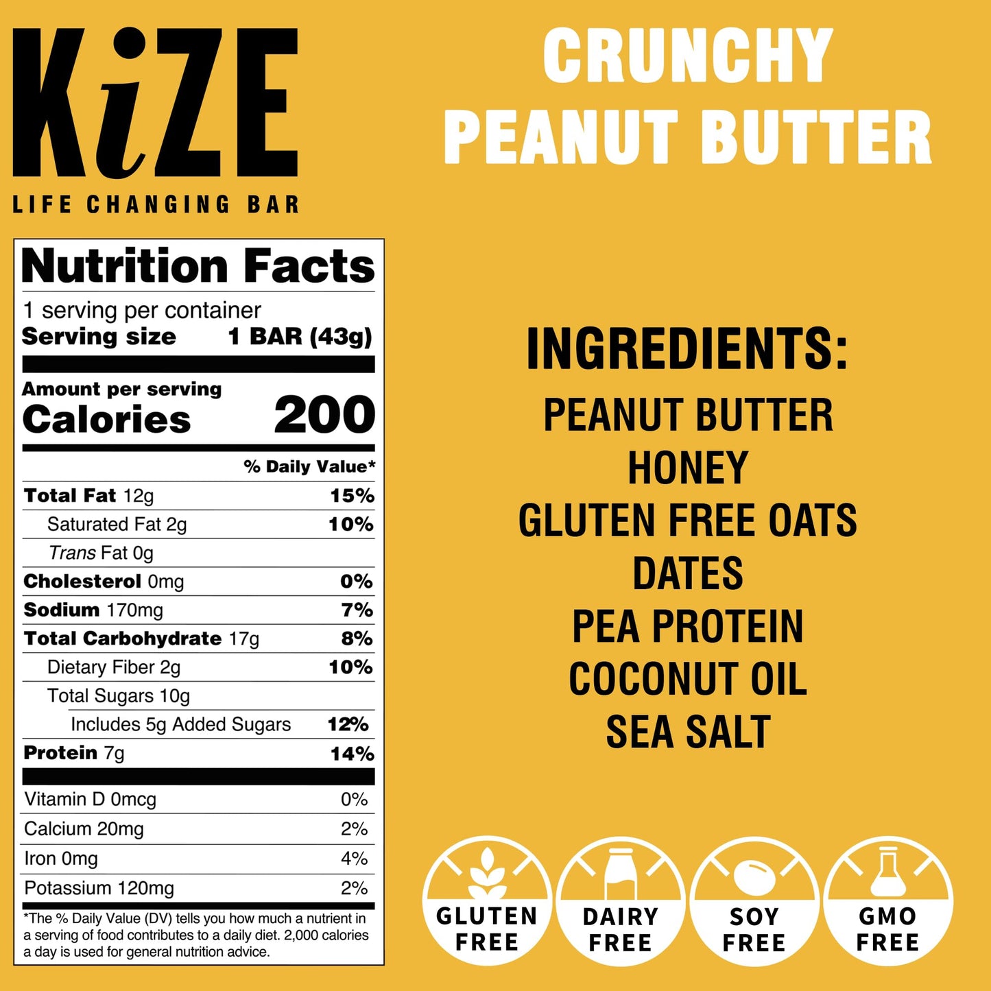 KiZE Energy Bars - Crunchy Peanut Butter - Gluten Free, Dairy Free, High Protein - 10 Count