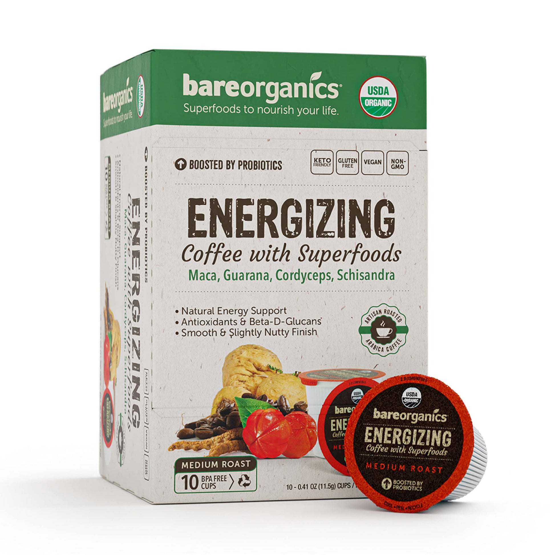 Bareorganics Energy Medium Roast Coffee, Organic, 10 K-Cup Pods, Superfoods & Probiotics Infused, Vegan, Gluten Free, 10 Single Serve Cups