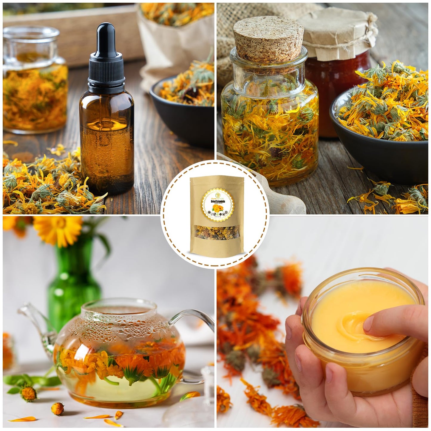 Cure Wid Pure Certified Organic Dried Calendula Flowers | 4 oz Resealable Pack Whole Organic Calendula Flowers for Skincare DIY Remedies & Herbal Tea | Vibrant Color & Aromatic Dried Marigold Flower