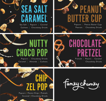 Funky Chunky | Gourmet Chocolate Popcorn Gift Box | Caramel, Nutty Choco Pop, PB Cup, Chip Zel Pop, Choc Prezel Flavors | 5oz Ba