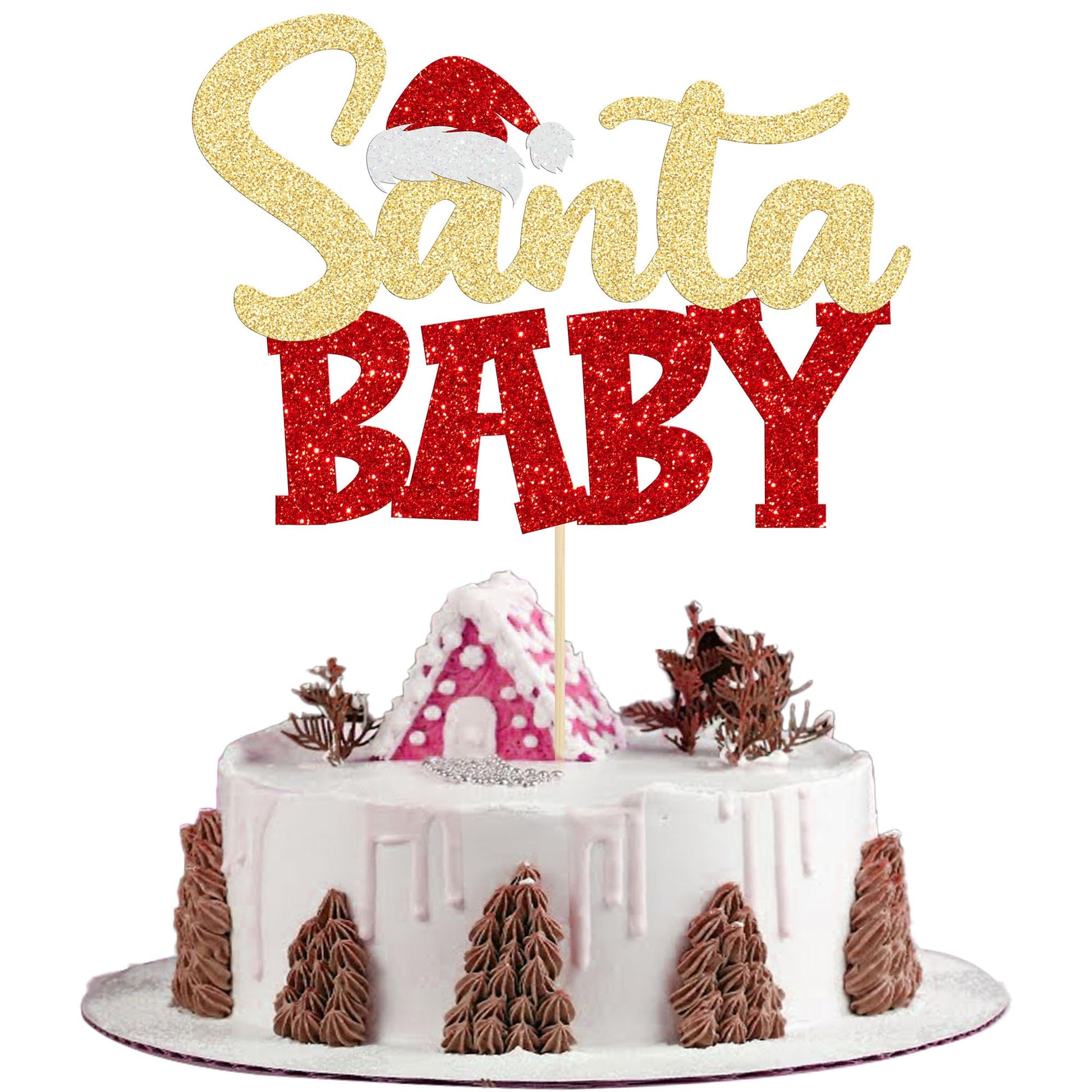 Gyufise 1Pc Santa Baby Cake Topper Red Glitter Xmas Hat Santa Baby Shower Cake Picks Christmas Baby Shower Cake Decoration For C