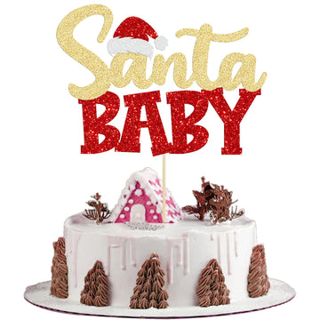 Gyufise 1Pc Santa Baby Cake Topper Red Glitter Xmas Hat Santa Baby Shower Cake Picks Christmas Baby Shower Cake Decoration For C