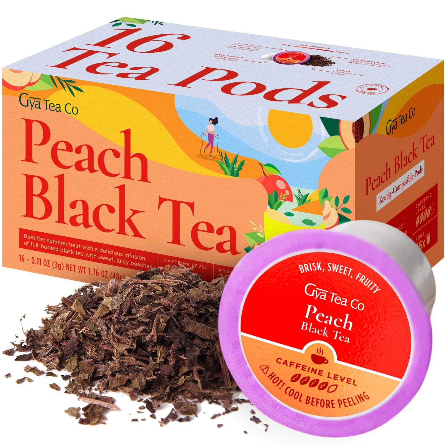 Gya Tea Co Peach Black Tea Pods - Caffeinated, Smooth & Robust, 16 Count Pack