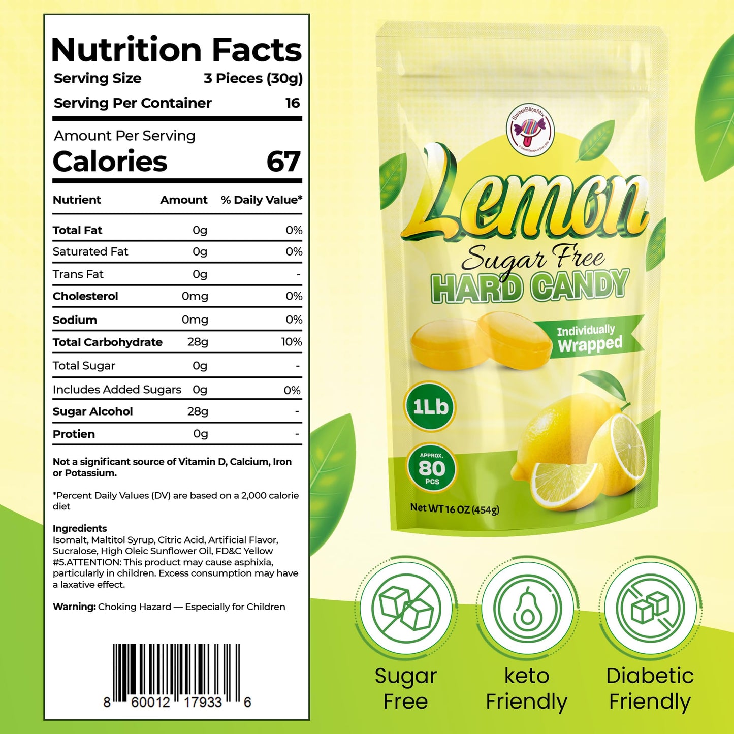 SweetBlissMix Sugar-Free Lemon Drops – Keto-Friendly, Diabetic Safe, 1lb Individually Wrapped Citrus Hard Candy