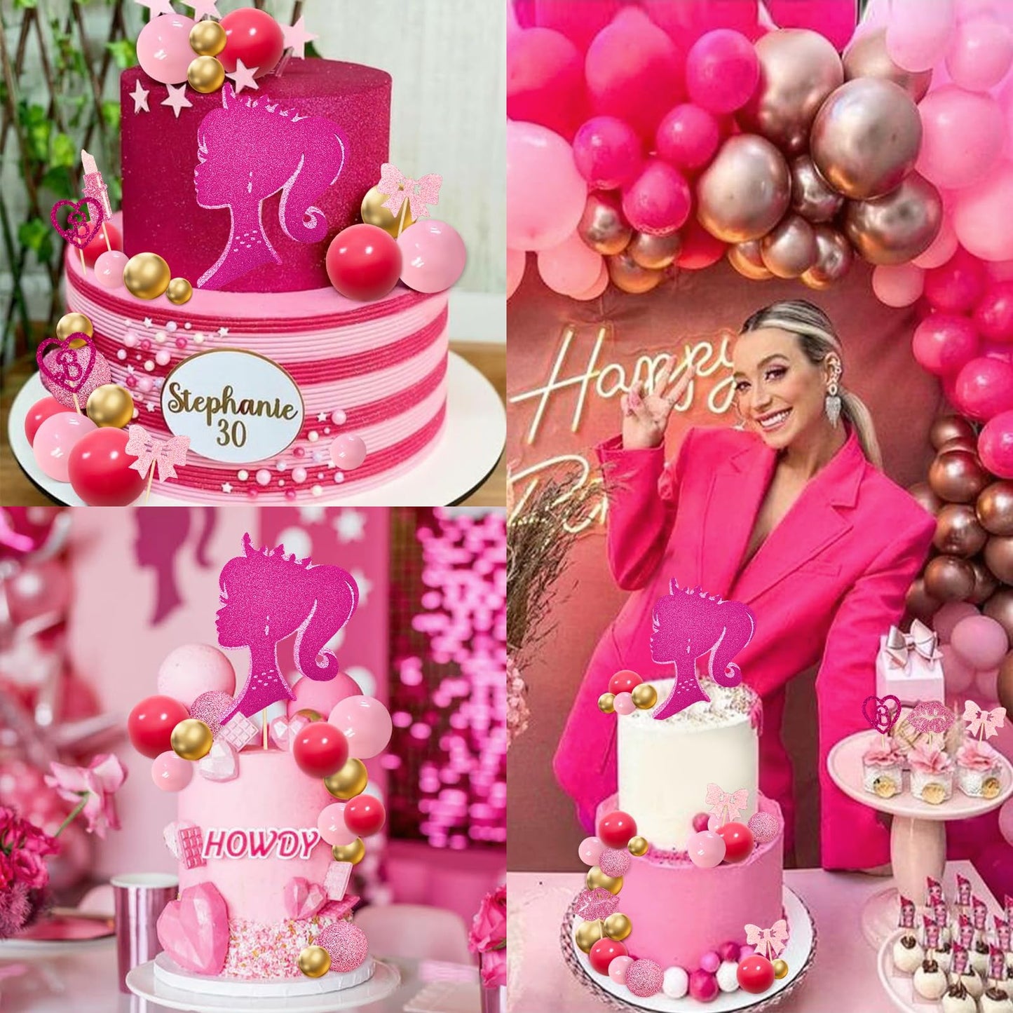 Memovan Hot Pink Girl Cake Topper 31Pcs -Princess Makeup Cake Topper Decoration With Pink Gold Ball Glitter High Heel Lipstick L