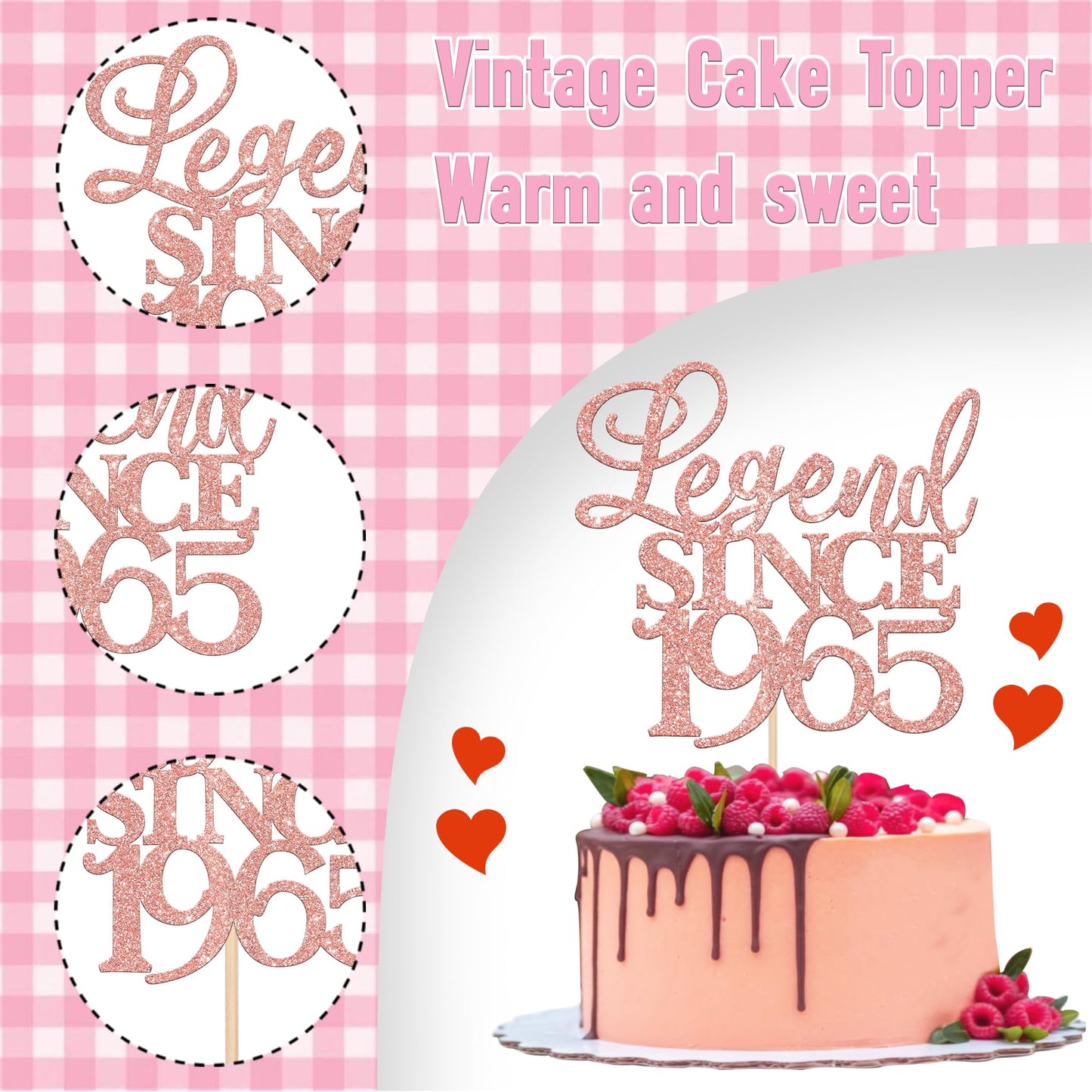 Rssta i Cake Topper, Glitter Legend Since 1965, Rose Gold, Model XM310, 60th Birthday Wedding Anniversary Decor