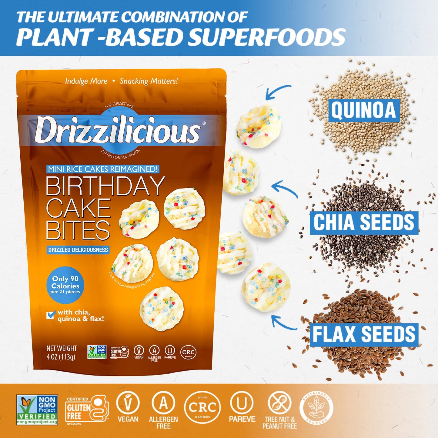 Drizzilicious Mini Rice Cakes Birthday Cake - Rice Crisps, Healthy Snack For Adults And Kids, Flavored Rice Cakes, Vegan, Gluten
