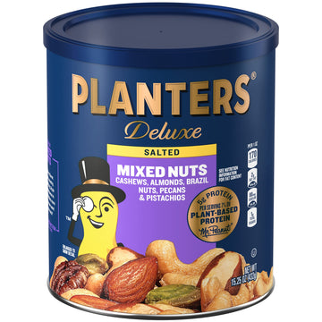 PLANTERS Deluxe Salted Mixed Nuts, Plant-Based Protein, 15.25 oz Canister
