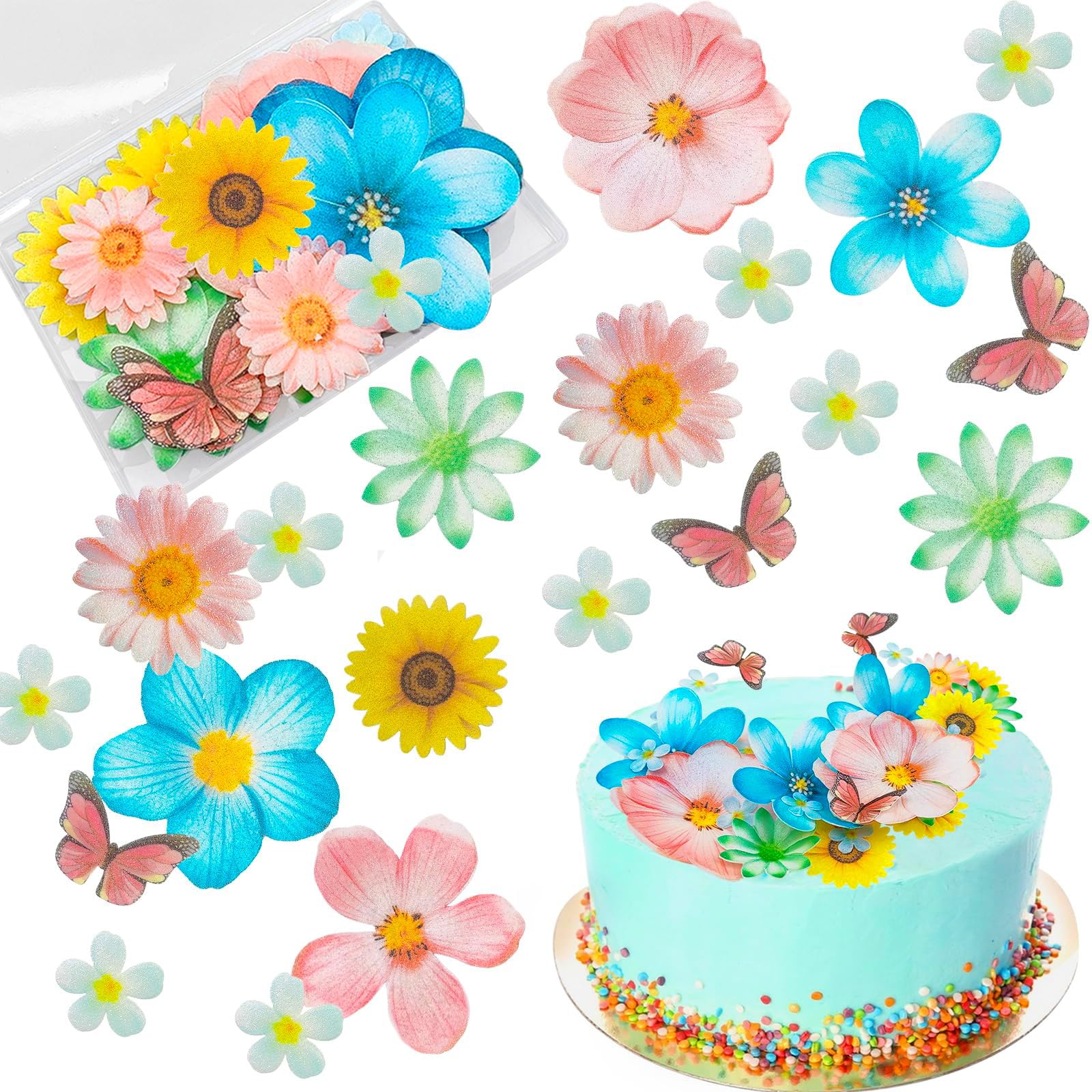 Morofme 55pcs Edible Flower Butterflies Cake Topper Wafer Paper Flower Cupcake Toppers Hawaiian Flower Cake Decorations Mixed Si
