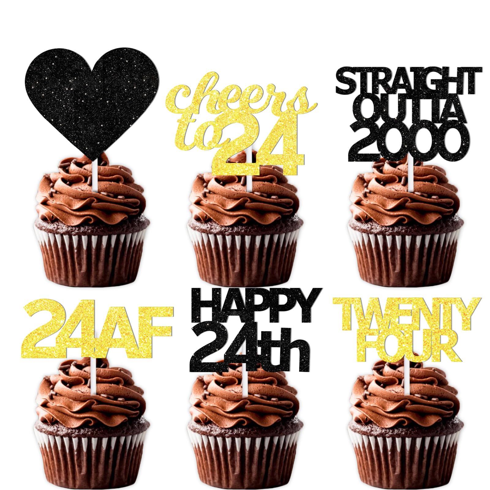 18Pcs Black Gold Glitter Dessert Cupcake Pick For Straight Outta 2000 Cheer To 24 Years Old Theme Decor Supplies Happy 24Th Birt