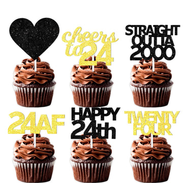 18Pcs Black Gold Glitter Dessert Cupcake Pick For Straight Outta 2000 Cheer To 24 Years Old Theme Decor Supplies Happy 24Th Birt