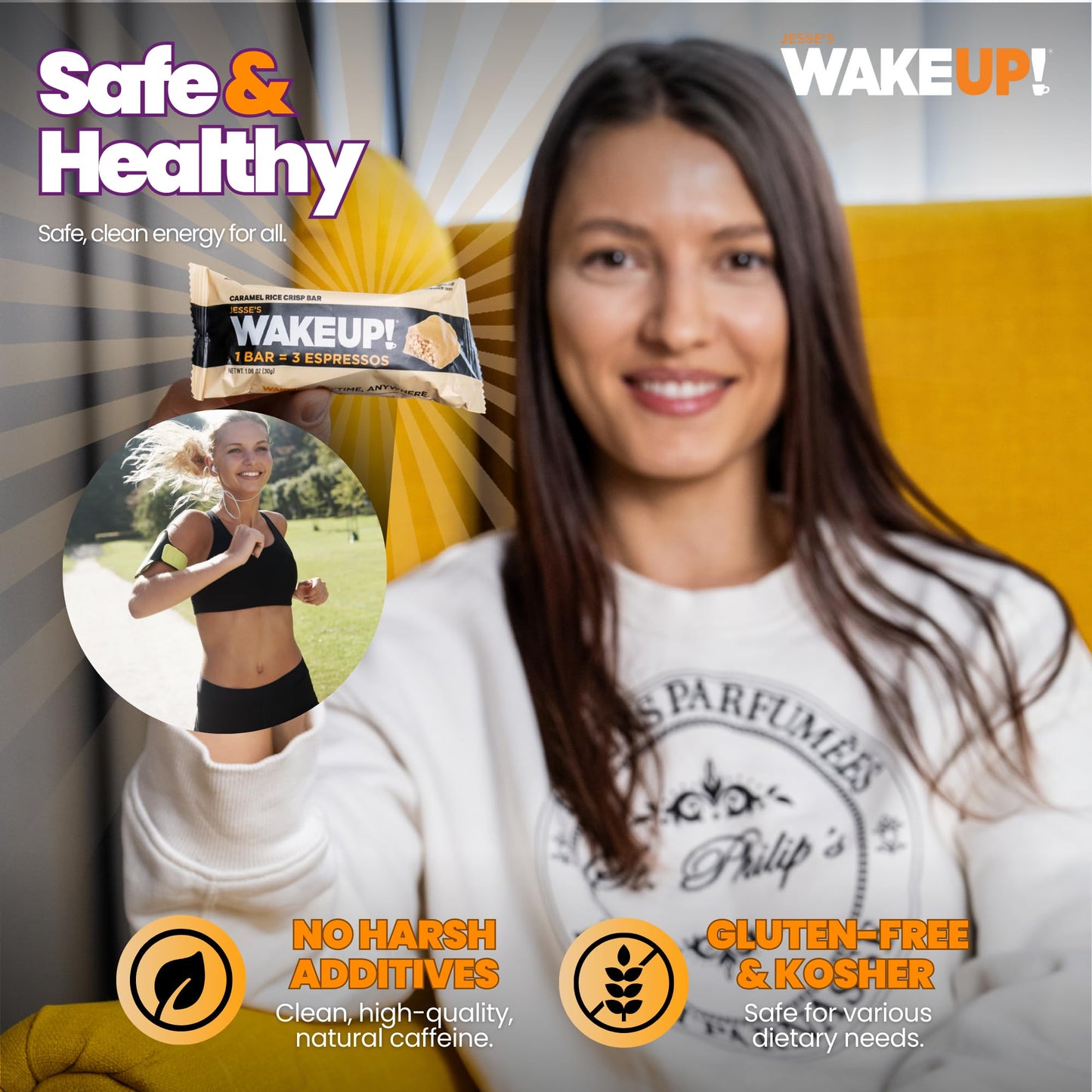 Jesses WakeUP! Caramel Protein Bars - 350mg Caffeine, Gluten-Free, 6 Pack