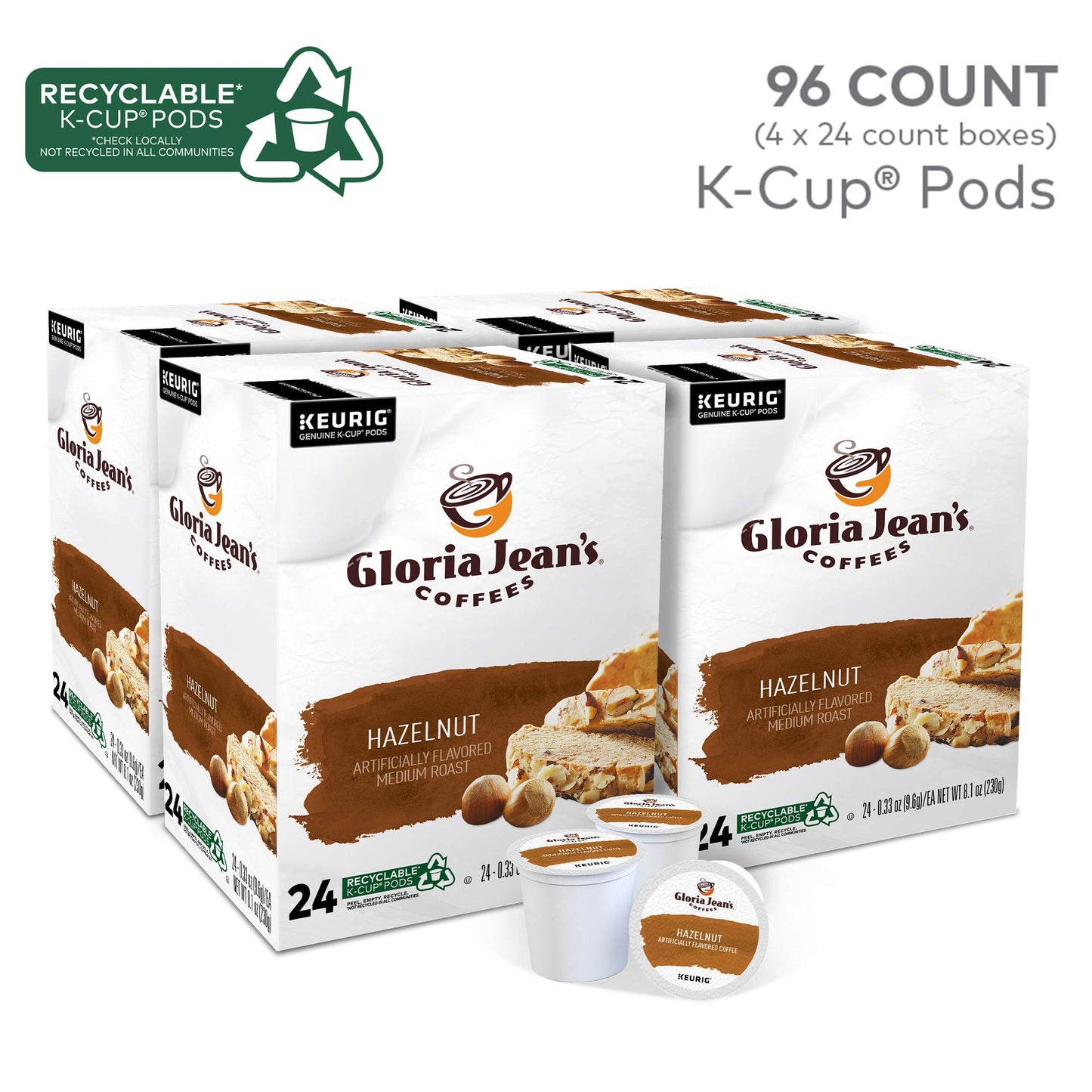 Gloria Jean'S Hazelnut Keurig Single-Serve K-Cup Pods, Medium Roast Coffee, 96 Count (4 Packs Of 24)