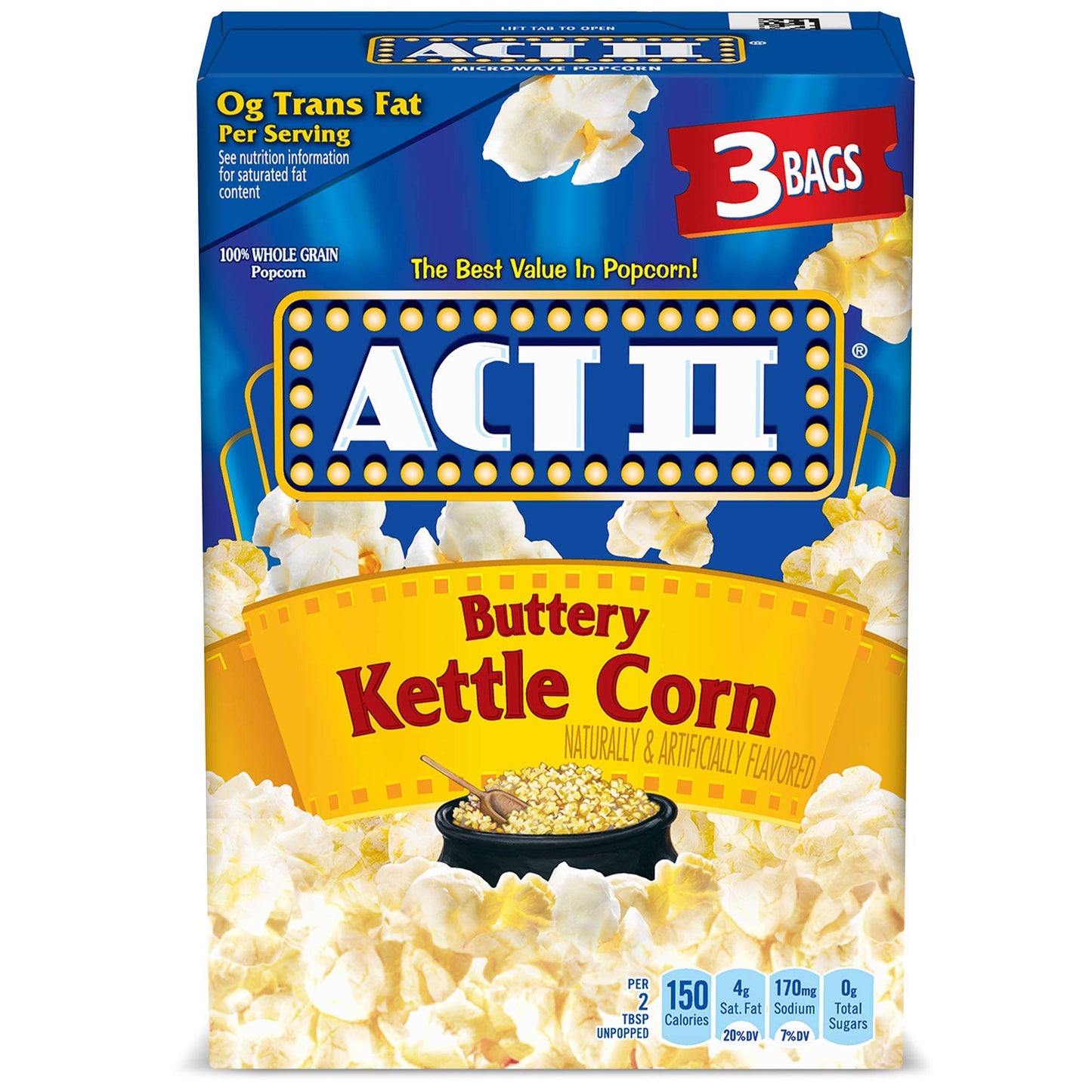 Act Ii Buttery Kettle Corn Microwave Popcorn, 3-Count, 2.75-Oz. Bags (Pack Of 12)