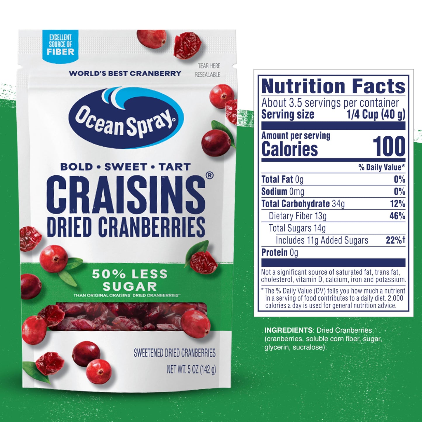 Ocean Spray Craisins, 50% Less Sugar Dried Cranberries, Dried Fruit, 5 Oz Pouch (Pack Of 1)