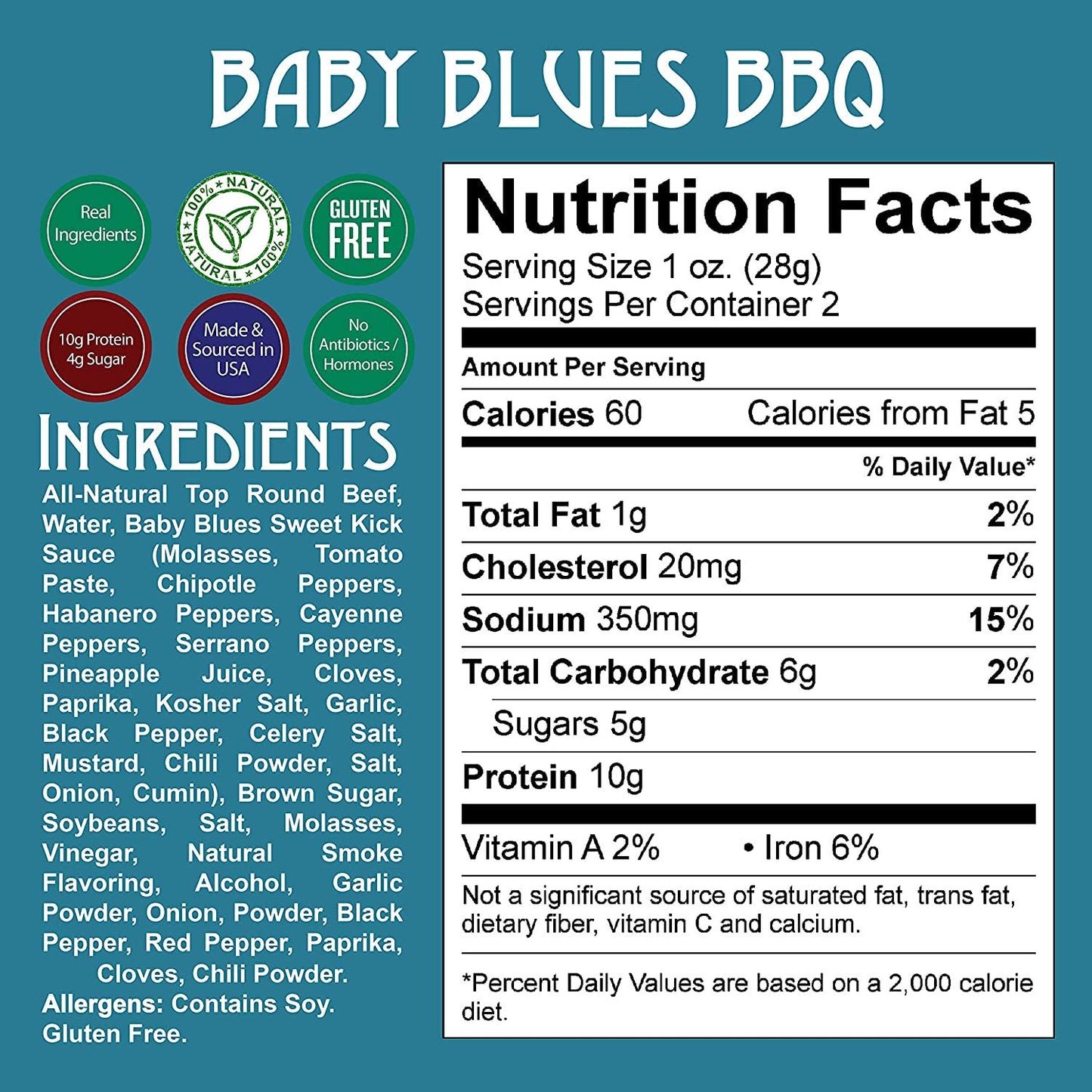 Righteous Felon Beef Jerky - Baby Blues Bbq Jerky - Gluten-Free Snacks - All-Natural, Locally Sourced  Dried Beef Jerky - Low-Su