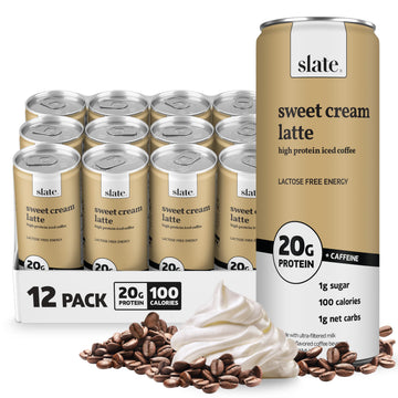 Slate Milk - High Protein Iced Coffee - Sweet Cream Latte - 175Mg Caffeine, Lactose Free Energy - 20G Protein, 1G Sugar, 100 Calories, 1G Net Carbs, No Sugar Added - Protein Coffee - 11 Fl Oz, 12 Cans
