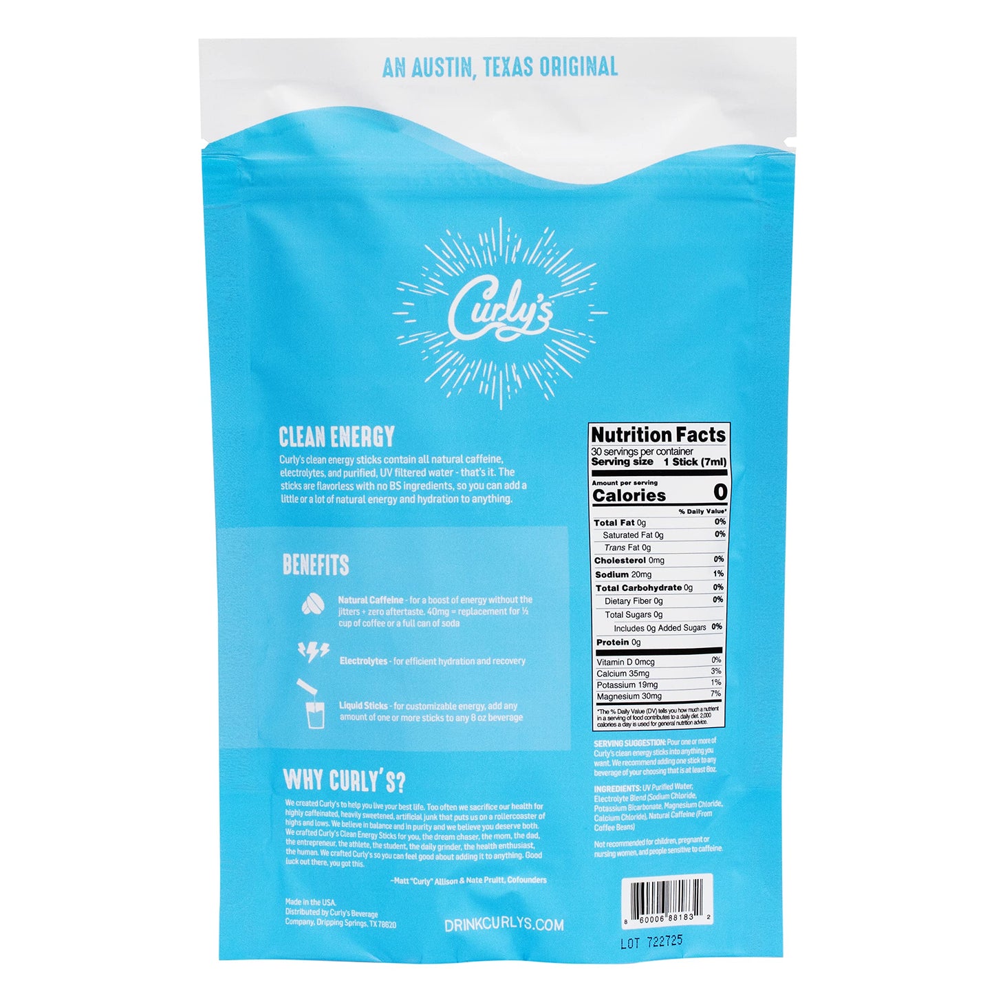 Curlys Clean Energy Caffeine & Electrolyte Sticks - 30 Flavorless Liquid Stick Packs - Keto, Paleo, Whole 30 Friendly