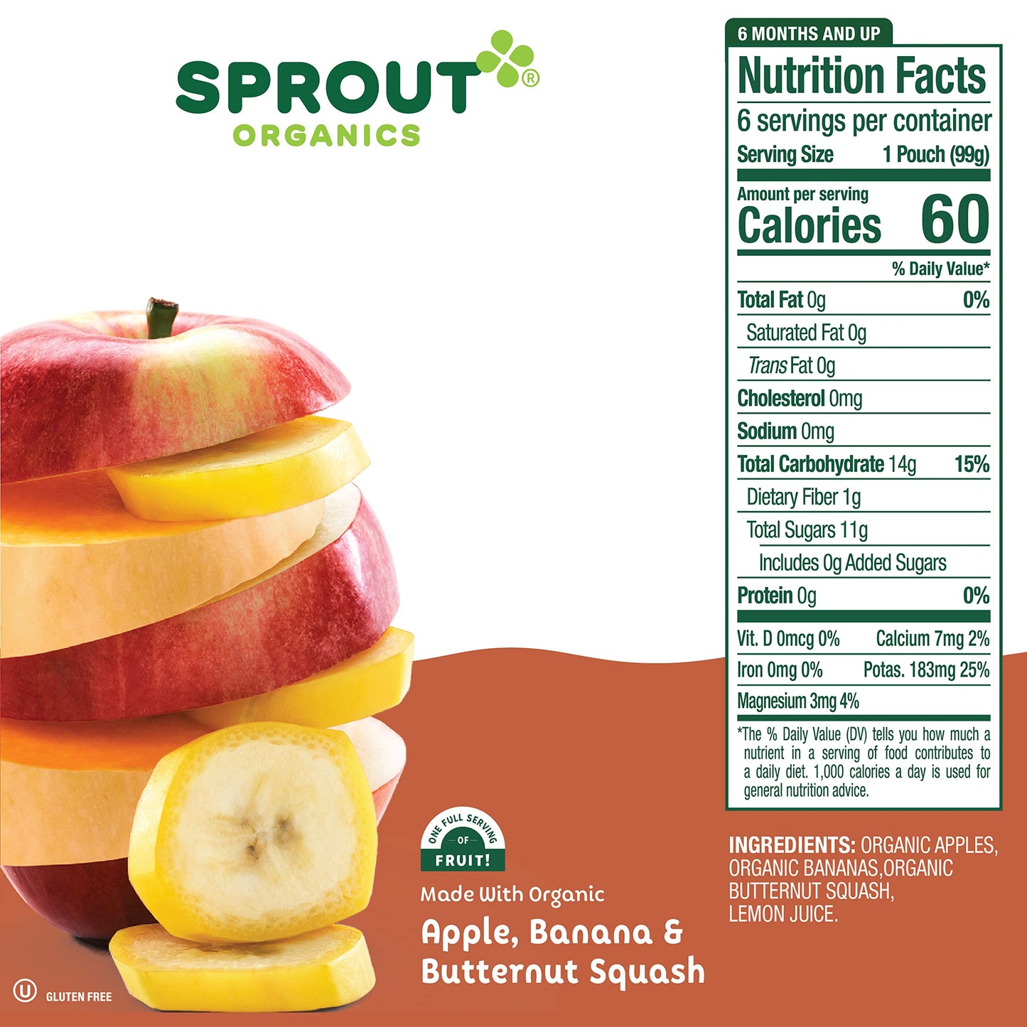 Sprout Organic Baby Food Pouches Stage 2, Organic Veggie And Fruit, Apple Banana Butternut Squash, 3.5 Ounce Pouches (Pack Of 12