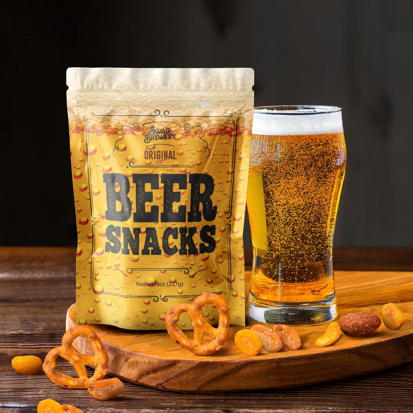 Swag Brewery malt-inspired Snacks Nuts Bar Mix - 8 Ounce - Smoked Almonds, Pretzels, Honey Roasted Peanuts, Spicy Peanuts, Toffee Peanuts