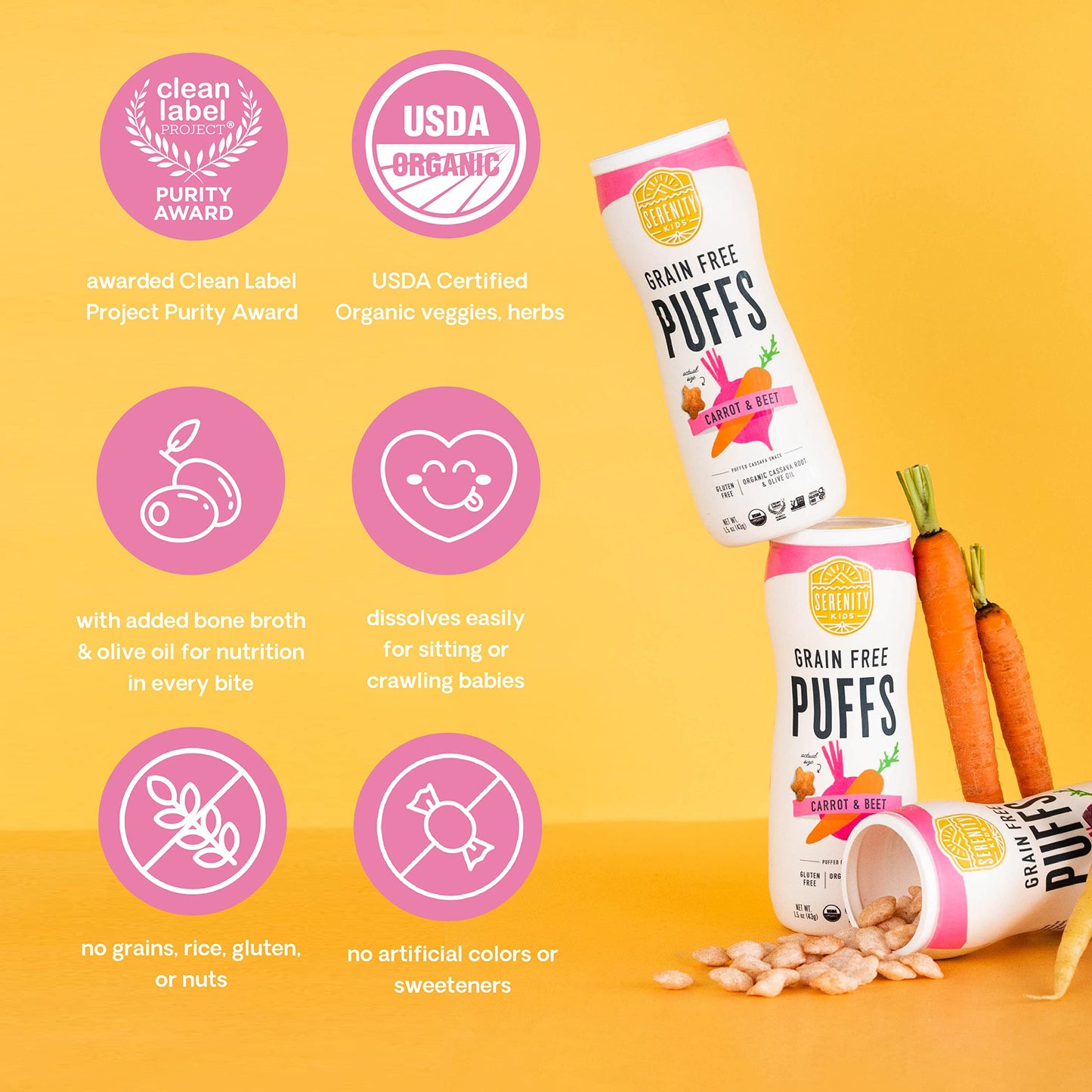 Serenity Kids 6+ Months Grain-Free Allergen-Safe Puffs For Toddlers & Babies - No Grains, Gluten, Nuts, Rice - Organic Veggies, Legumes, Olive Oil (1.5 Ounce (1 Count), Carrot & Beet)