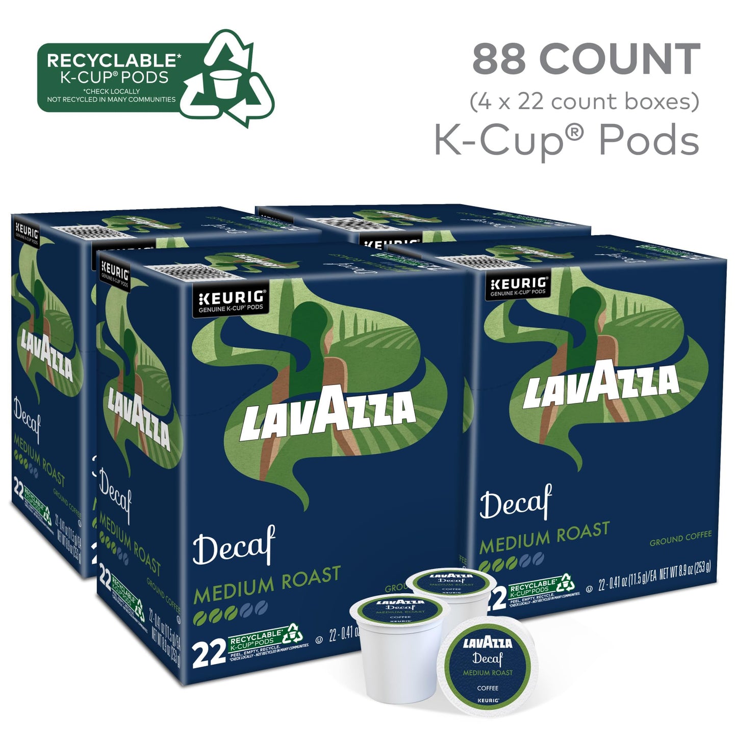 Lavazza Decaf, Single-Serve Keurig K-Cup Pods, Medium Roast Coffee, 88-Count Box (4 Packs Of 22)
