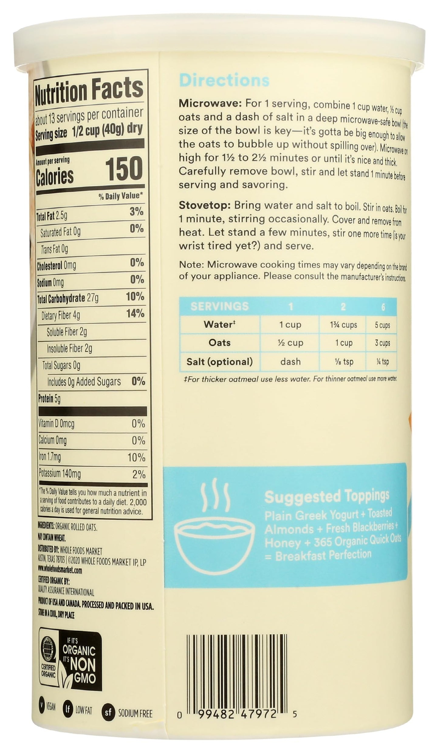365 By Whole Foods Market, Organic Rolled Quick Oats, 18 Ounce