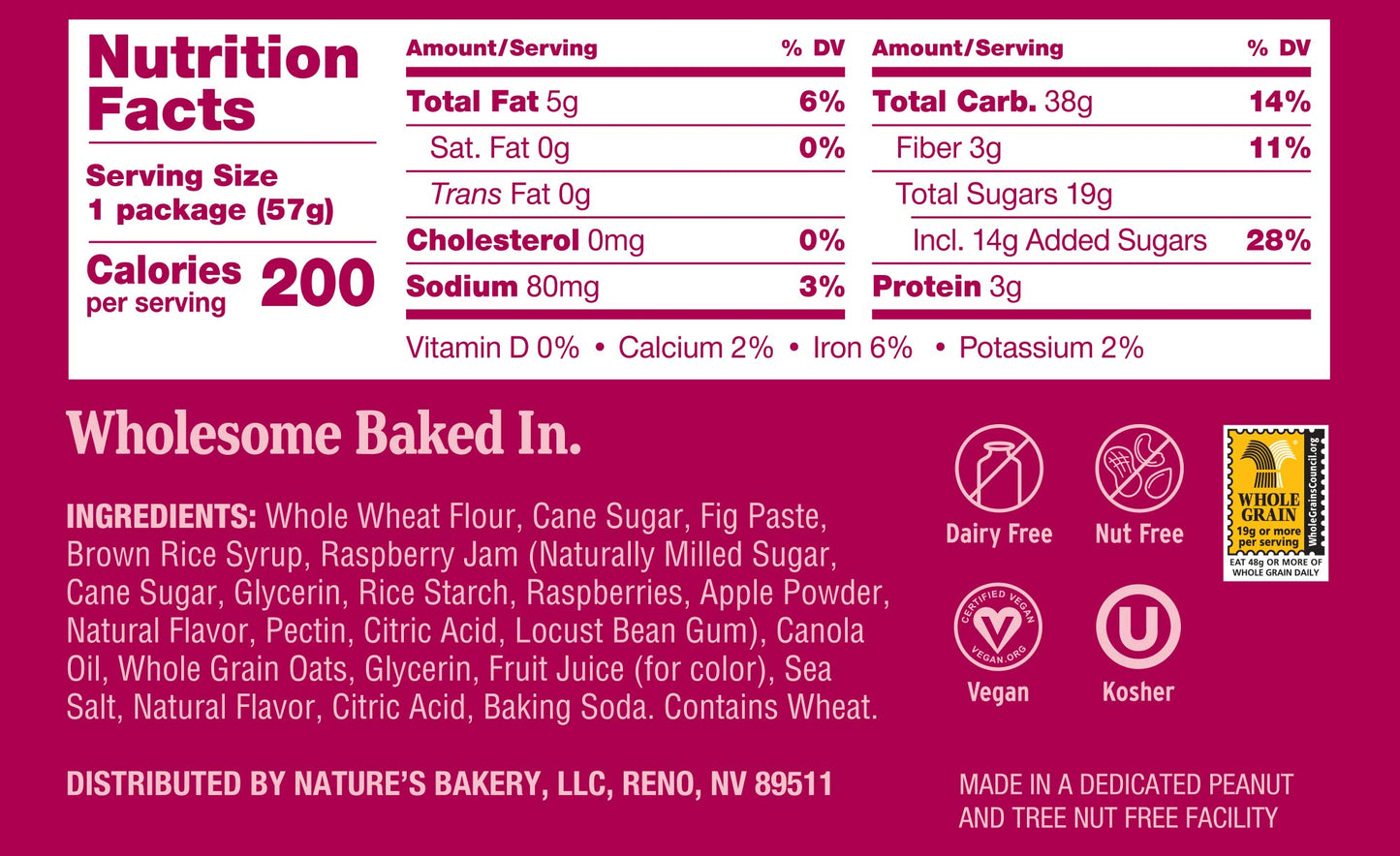 Natures Bakery Whole Wheat Fig Bars, Raspberry, Real Fruit, Vegan, Non-Gmo, Snack Bar, 1 Box With 12 Twin Packs (12 Twin Packs)