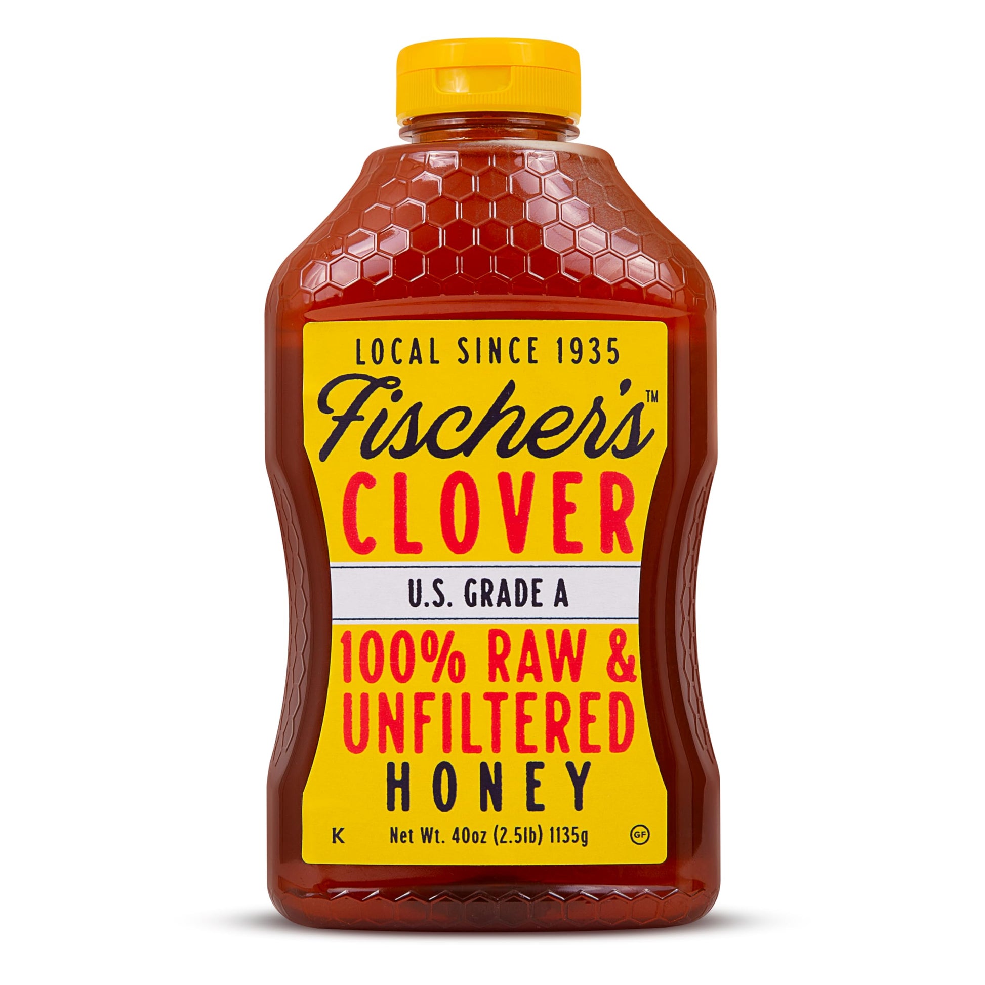 Fischers 100% Pure Clover Honey, Unfiltered Raw Honey, 40 oz Squeeze Bottle, All-Natural Sweetener