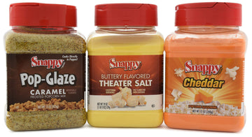 Snappy Popcorn Seasoning, Cheddar Cheese, 12 oz, Buttery Flavored Theater Popcorn Salt, 19 oz, Caramel Glaze, 15 oz, 3 Count