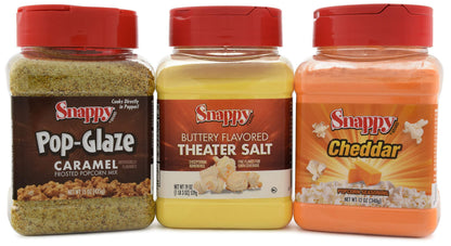 Snappy Popcorn Seasoning, Cheddar Cheese, 12 oz, Buttery Flavored Theater Popcorn Salt, 19 oz, Caramel Glaze, 15 oz, 3 Count