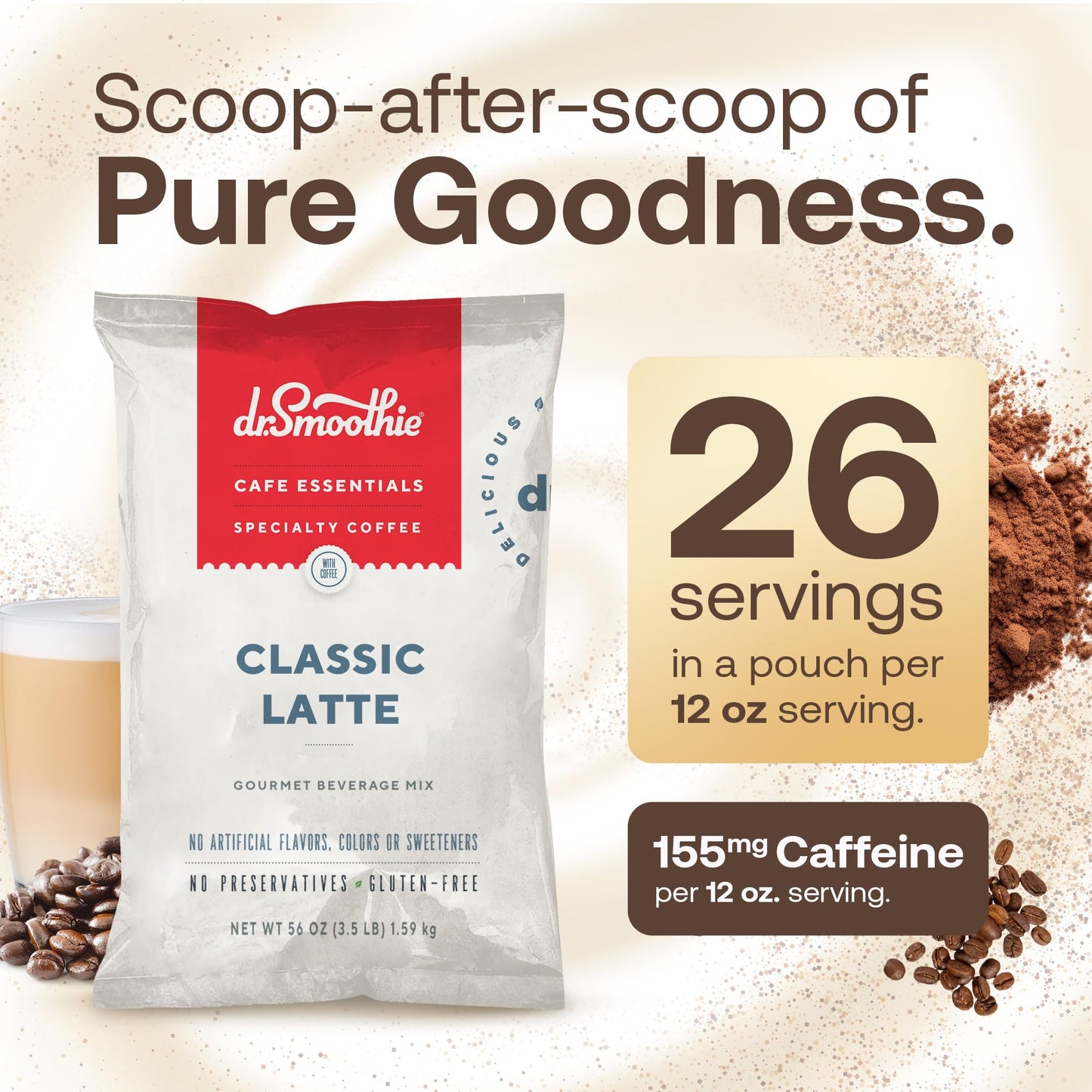 Dr. Smoothie Café Essentials Classic Latte - 155mg Caffeine - No Artificial Colors/Flavors - 3.5 lb Bag (26 Servings)