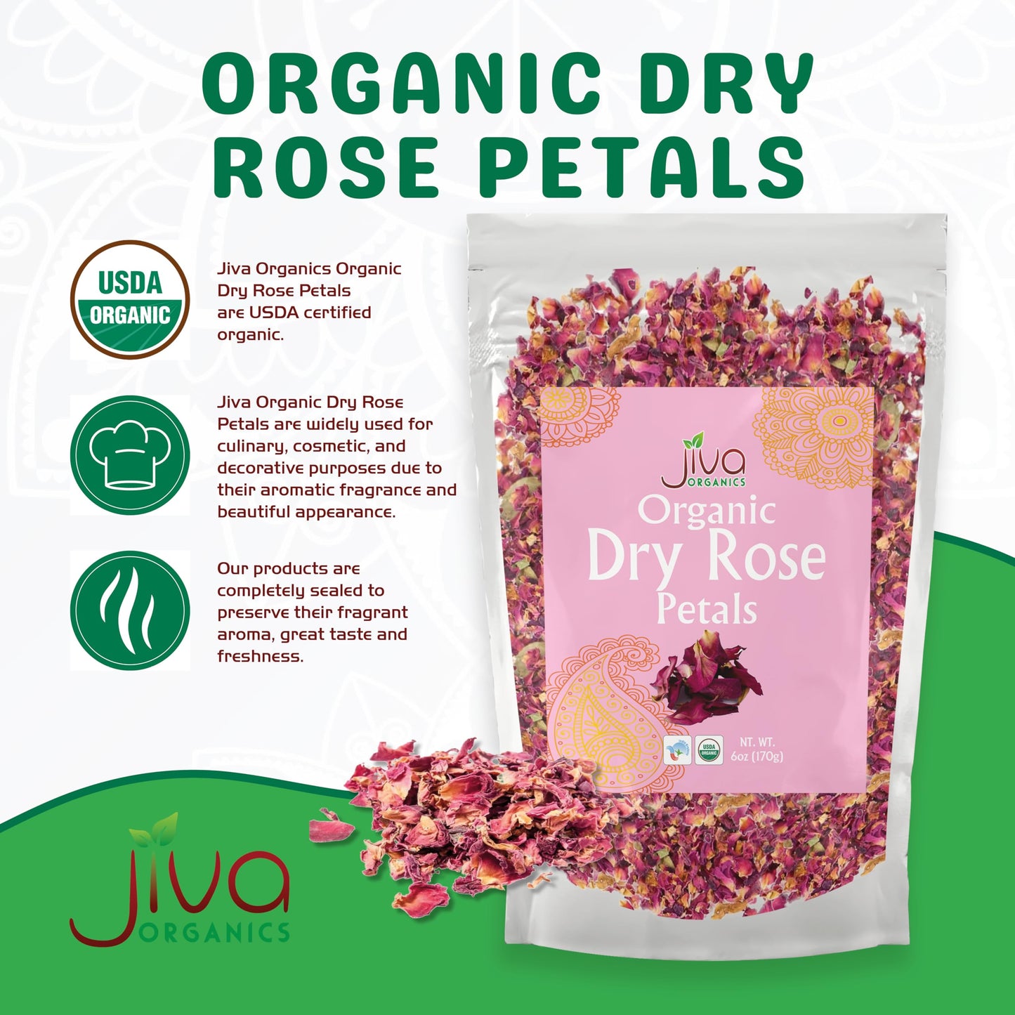 Jiva USDA Organic Dried Red Rose Petals 6 Oz (170g) Large Bag - Food Grade, Edible Flowers - Use in Tea, Baking, Making Rose Wat