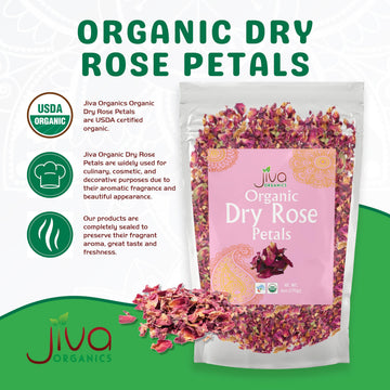 Jiva USDA Organic Dried Red Rose Petals 6 Oz (170g) Large Bag - Food Grade, Edible Flowers - Use in Tea, Baking, Making Rose Wat