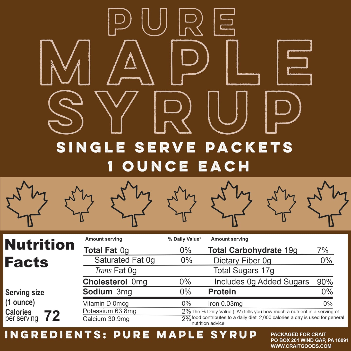 Crait Pure Maple Syrup Packets - Single Serve 1 oz, 30 Pack, Travel Size, Perfect for Pancakes and Quick Energy