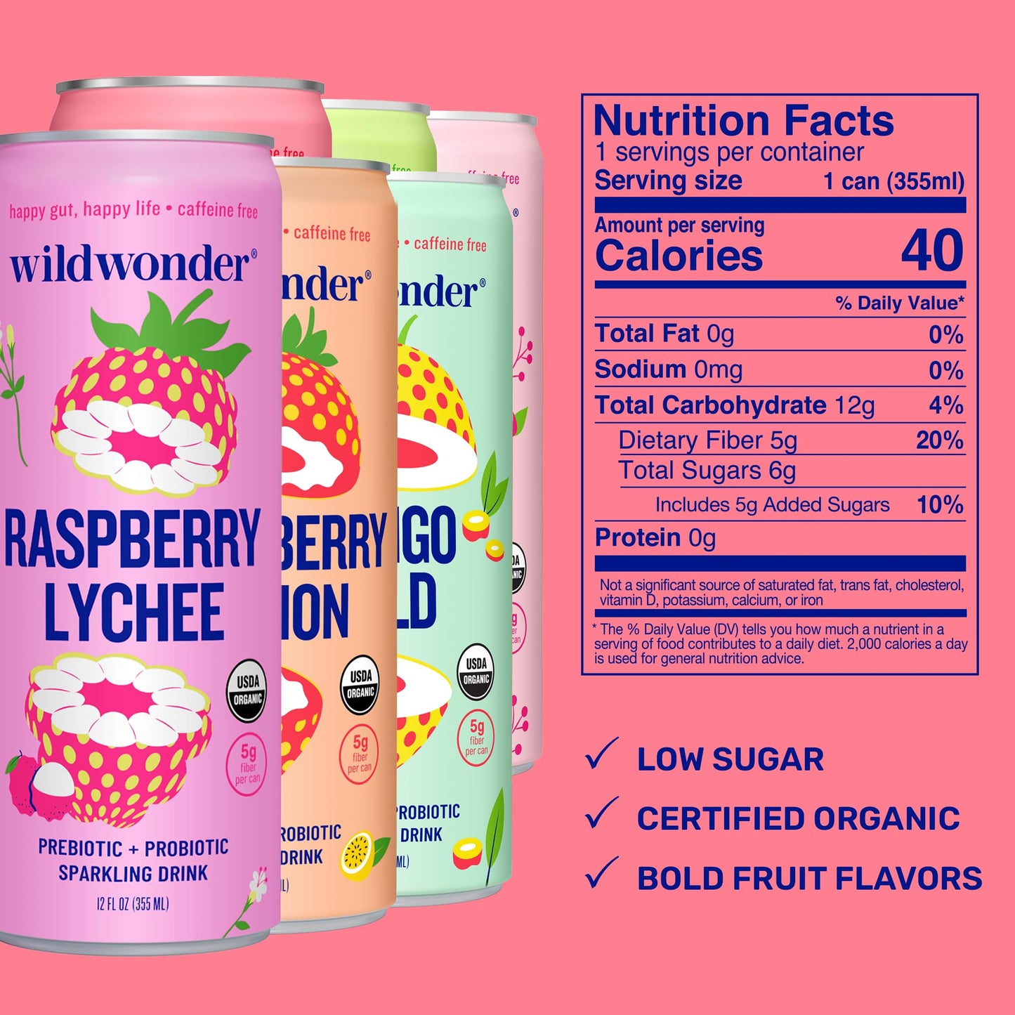 Wildwonder Sparkling Probiotic Drink 6Pk, For Gut Health & Immune Support, Classic Variety Pack, 5G Prebiotic Fiber, Live Probiotics, Organic, Vegan, Low Sugar, 6 Pack, 12Oz Can, Seen On Shark Tank