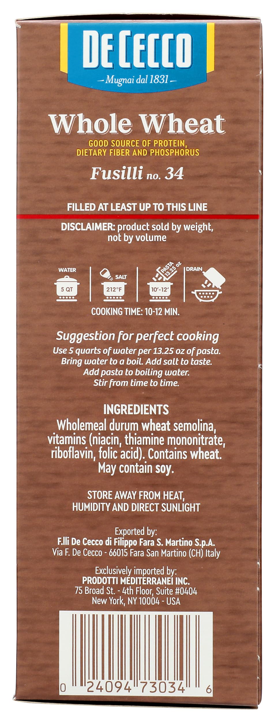 De Cecco Pasta Fusilli Whole Wheat Pasta, 13.25 oz