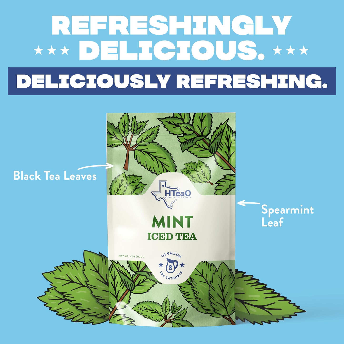 HTeaO Iced Tea Sachets - Mint Black Tea Mix for Instant Ice Tea - 8 Gallons Per Package - Real Texas-Style Flavored Iced Tea in