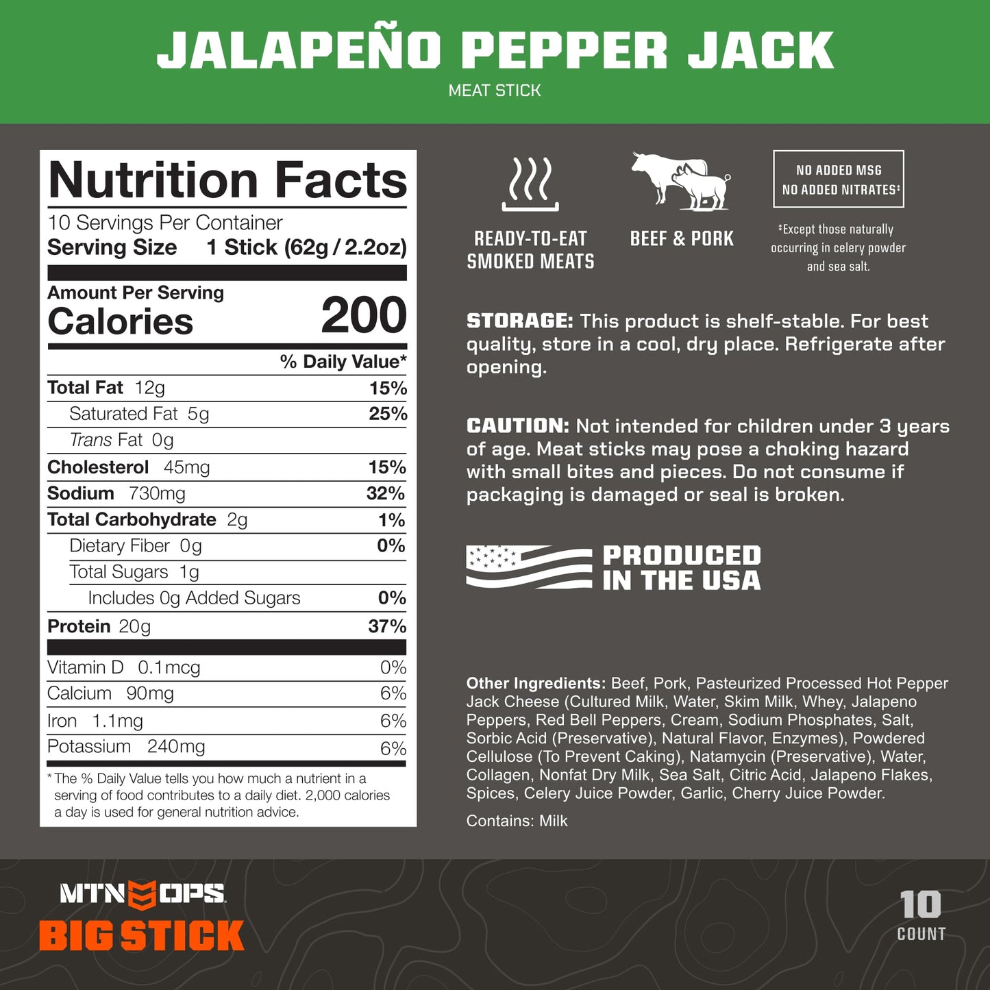 MTN OPS Big Stick High Protein Meat Sticks - 20g Protein  10% Collagen - Jalapeo Pepper Jack Flavor - Individually Wrapped Beef Snacks - 10 Count Carton